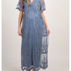 PinkBlush Blue Lace Mesh Overlay Maternity Maxi Dress